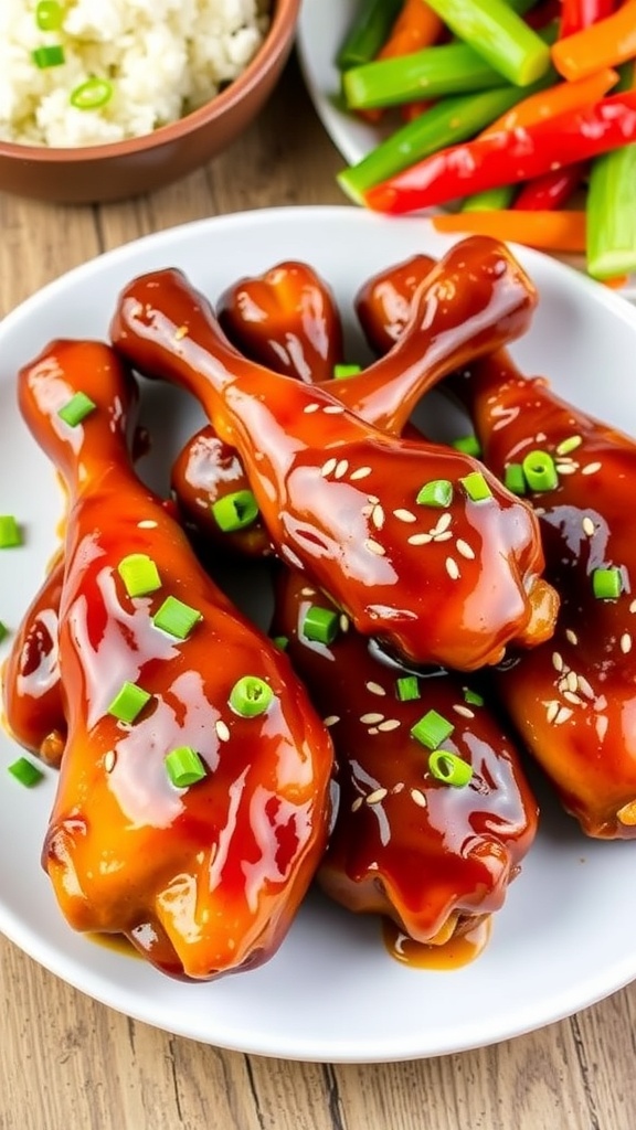 Honey glazed chicken drumsticks garnished with sesame seeds and green onions on a rustic table with rice and vegetables.